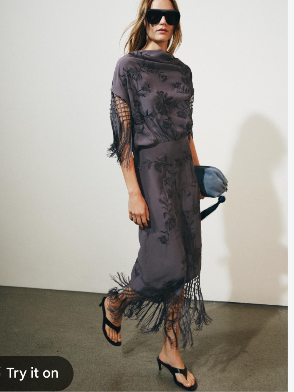 ZARA ZW Collection Embroidered Fringe Dress Small NWT Lilac Draped Floral Midi